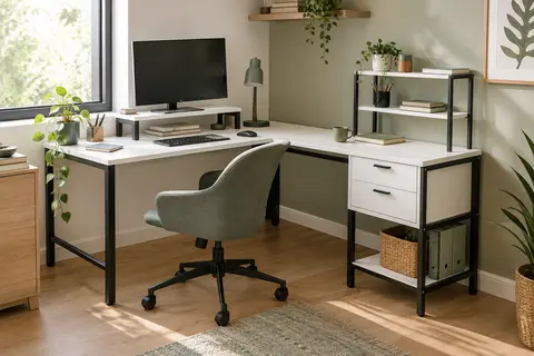 Bureau d’angle ODK blanc en L avec tiroirs, étagère, support d’écran et rangements intégrés