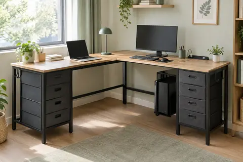 Bureau d’angle noir avec quatre tiroirs en tissu, prises intégrées et support pour boîtier d’ordinateur