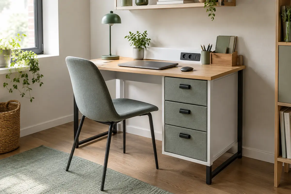 Bureau blanc avec trois tiroirs en tissu, pieds métalliques et prises intégrées dans un espace de télétravail