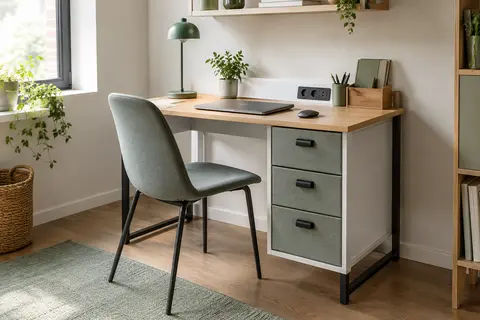 Bureau blanc avec trois tiroirs en tissu, pieds métalliques et prises intégrées dans un espace de télétravail
