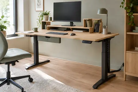 Bureau assis-debout beige avec support d’écran en L, tiroir en tissu et système de gestion des câbles.