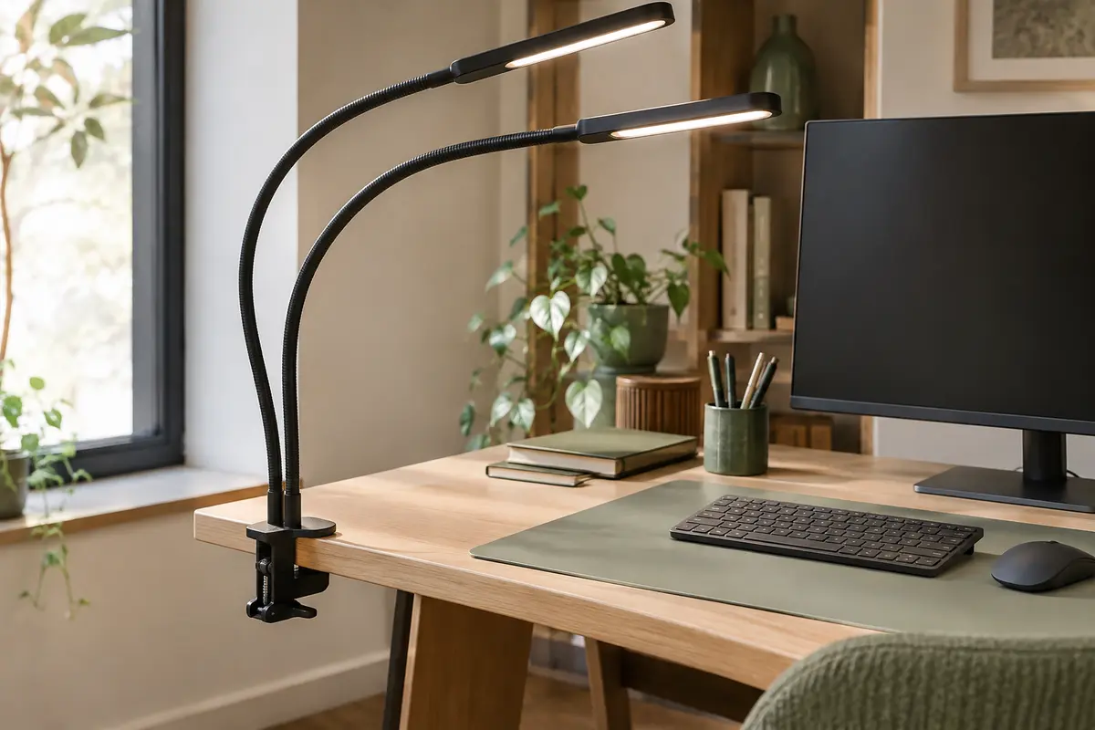 Lampe de bureau LED noire à double tête fixée sur un bureau en bois clair près d’un écran.