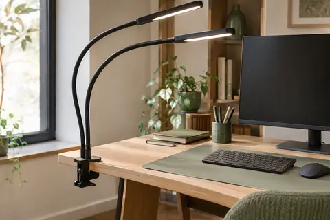 Lampe de bureau LED noire à double tête fixée sur un bureau en bois clair près d’un écran.