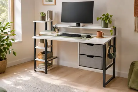 Bureau compact blanc avec support de moniteur, tiroirs en tissu et étagère latérale pour imprimante