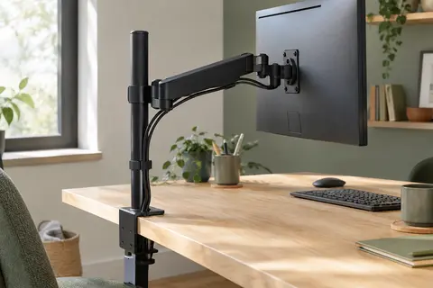 Bras d’écran noir fixé à un bureau en bois clair, avec moniteur et câbles regroupés