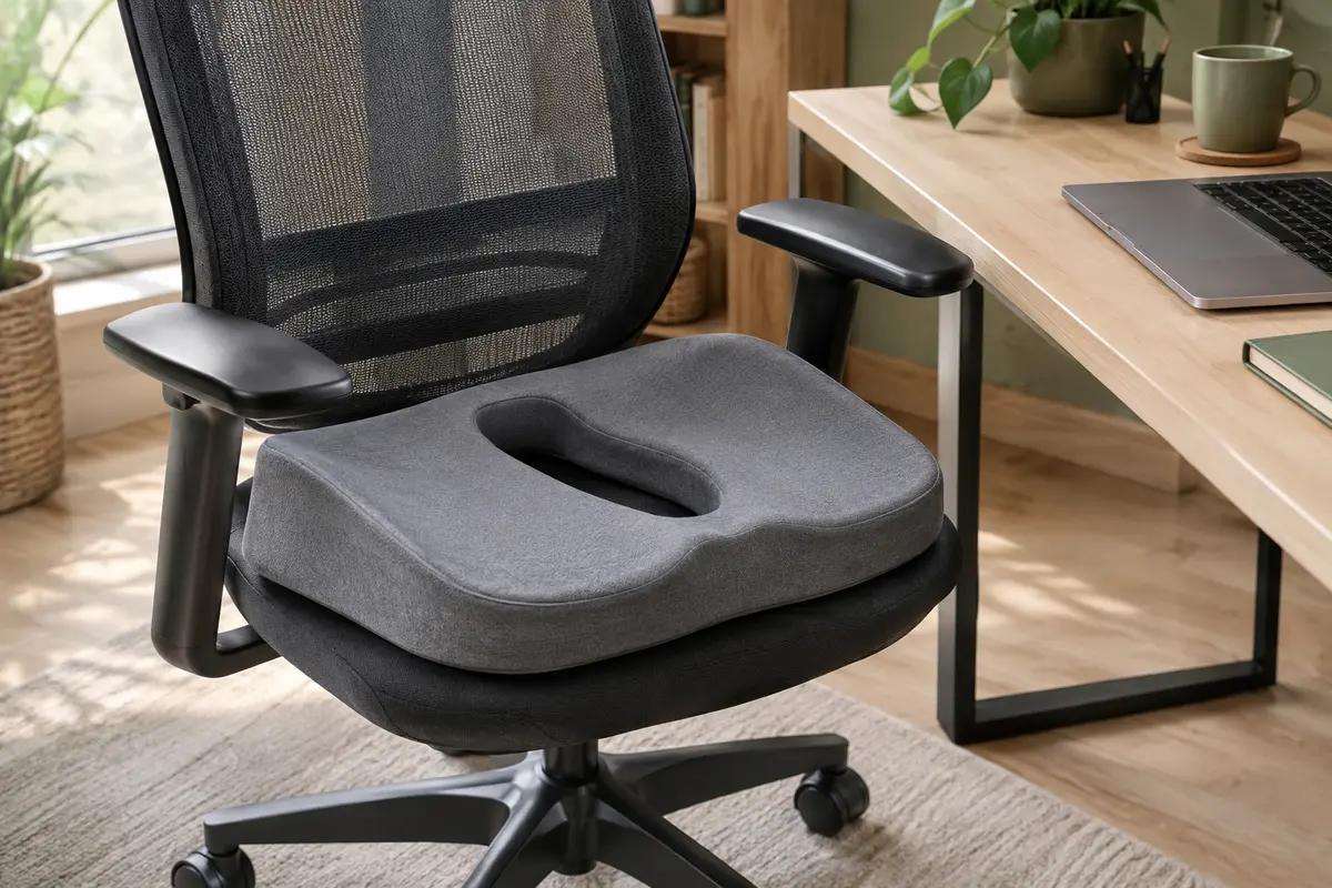 Coussin d’assise gris à forme déclive et ouverture centrale posé sur une chaise de bureau