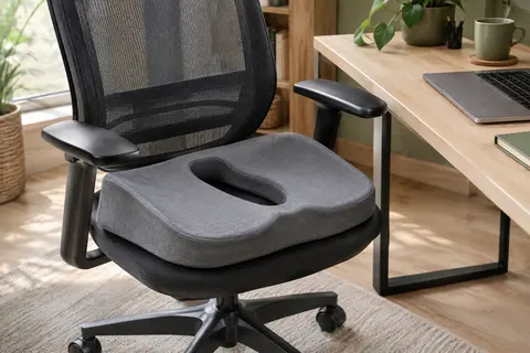 Coussin d’assise gris à forme déclive et ouverture centrale posé sur une chaise de bureau