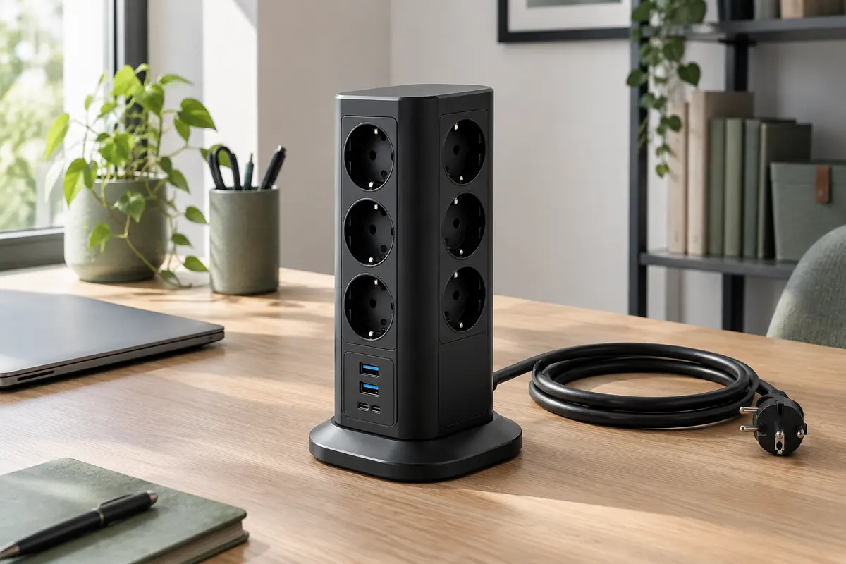 Multiprise tour noire avec prises secteur et ports USB posée sur un bureau en bois clair