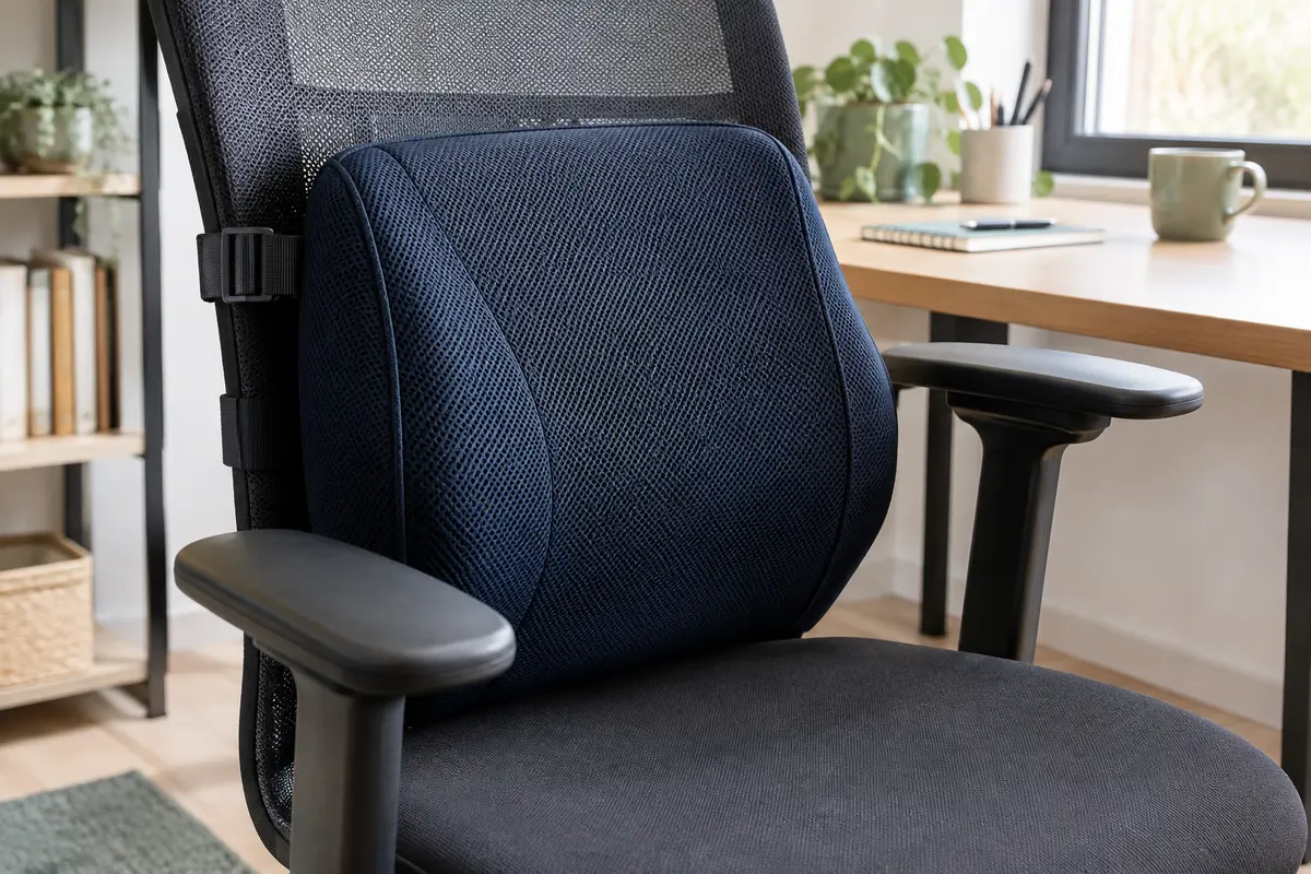 Coussin lombaire bleu-noir en mousse à mémoire de forme fixé au dossier d’une chaise de bureau.