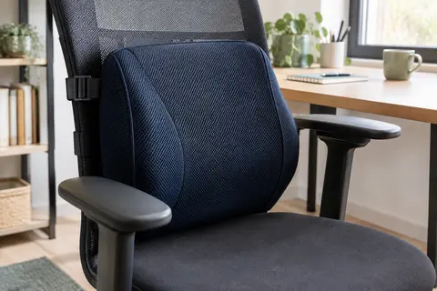 Coussin lombaire bleu-noir en mousse à mémoire de forme fixé au dossier d’une chaise de bureau.