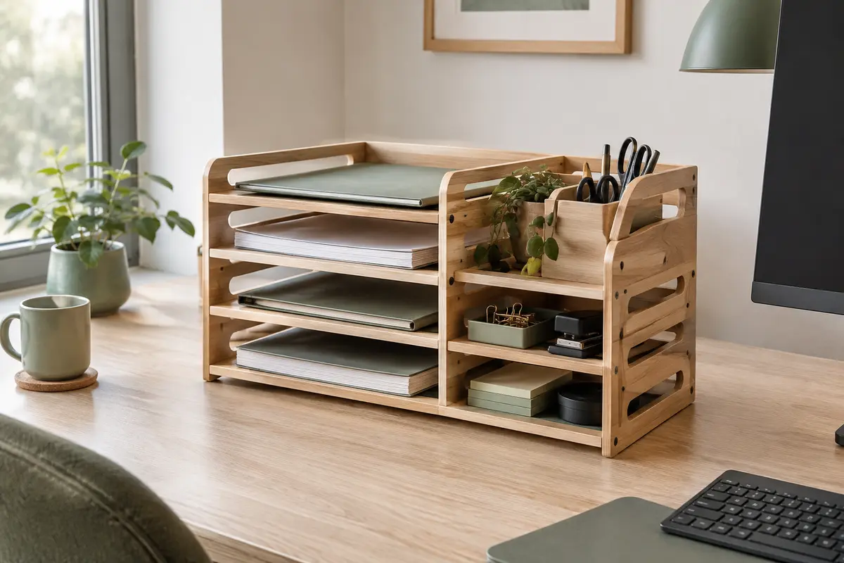 Organiseur de bureau Puncia en bois naturel à quatre niveaux, posé sur un bureau avec dossiers et fournitures