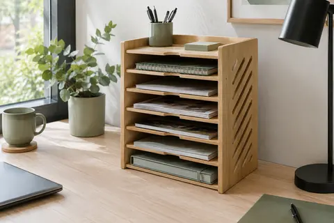 Organiseur de bureau vertical en bois à sept compartiments, garni de dossiers A4 et posé sur un bureau.