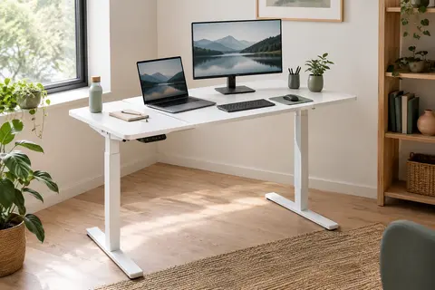 Bureau assis-debout blanc avec plateau rectangulaire et piètement réglable dans un espace de télétravail lumineux