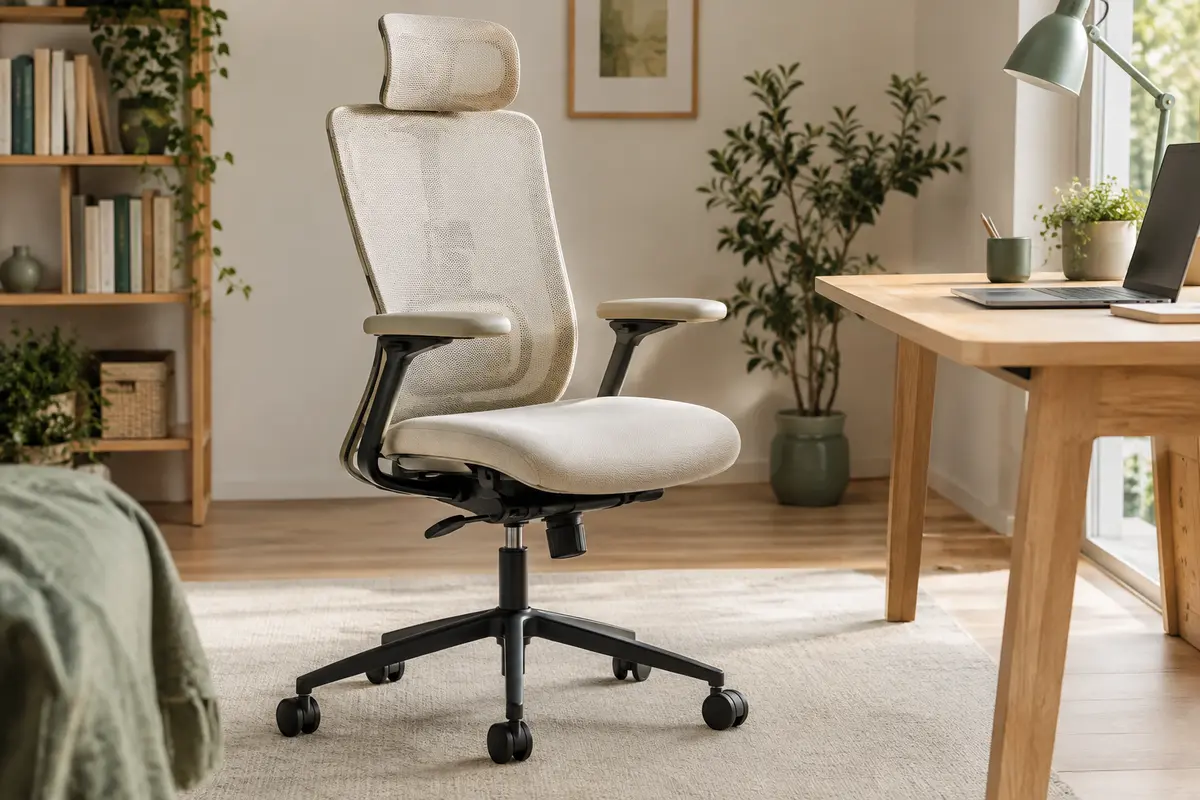 Chaise de bureau crème en maille avec appui-tête réglable et accoudoirs relevables près d’un bureau en bois clair