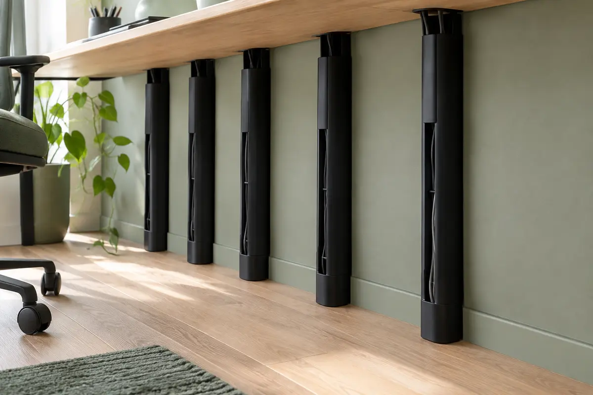Goulottes noires en PVC fixées sous un bureau en bois clair, avec les câbles rangés dans les conduits