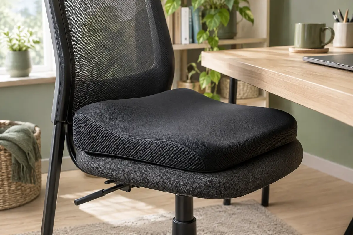 Coussin d’assise noir profilé posé sur une chaise de bureau dans un espace de télétravail lumineux