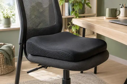 Coussin d’assise noir profilé posé sur une chaise de bureau dans un espace de télétravail lumineux