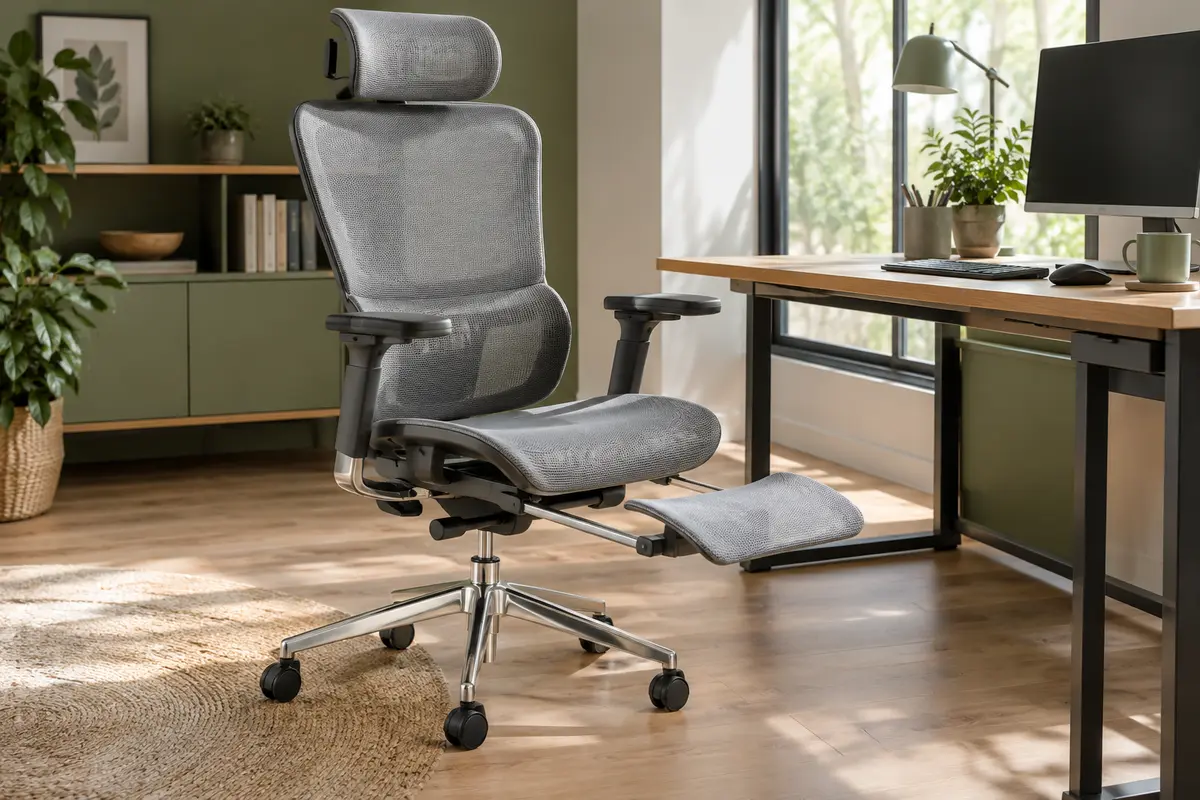 Chaise de bureau en maille grise à dossier haut, avec accoudoirs réglables et repose-pieds extensible.