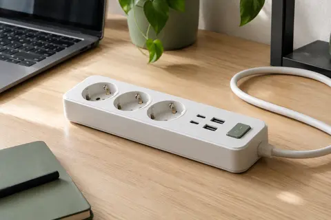 Multiprise blanche Rootoma avec trois prises secteur, quatre ports USB et interrupteur près d’un bureau