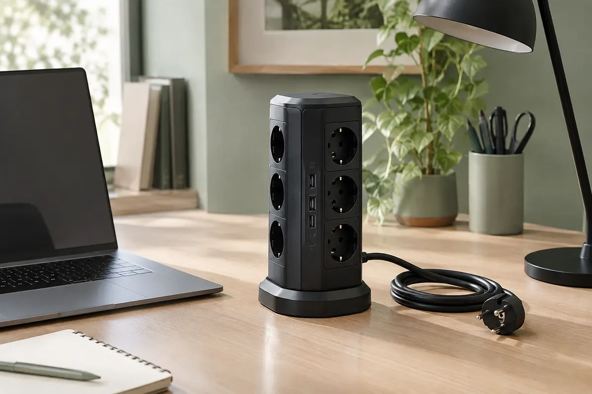 Tour multiprise noire avec prises secteur et ports USB, installée sur un bureau en bois clair