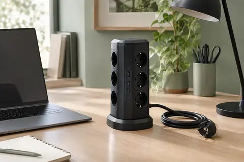Tour multiprise noire avec prises secteur et ports USB, installée sur un bureau en bois clair