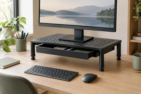 Rehausseur d’écran noir en métal ajouré avec tiroir, posé sur un bureau en bois clair.