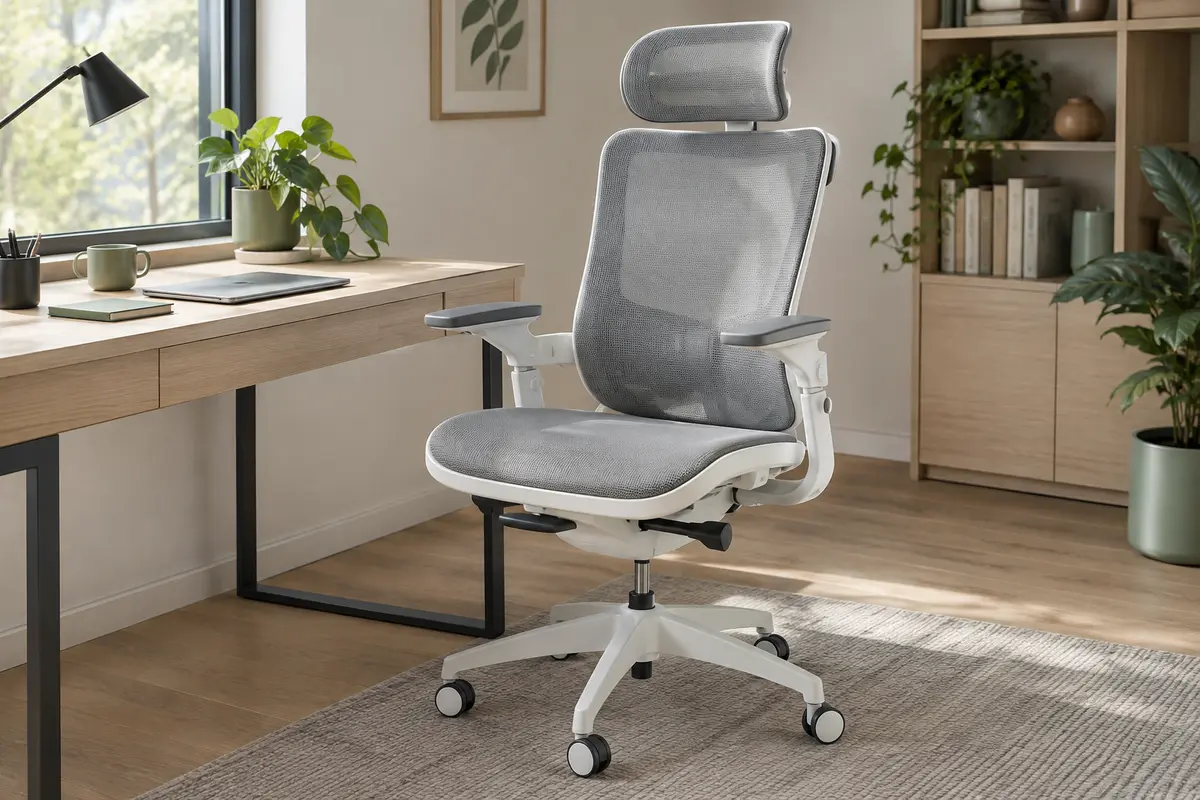 Chaise de bureau Sihoo B100 grise et blanche en maille, avec appui-tête réglable et accoudoirs rabattables.