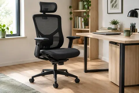 Chaise de bureau noire en maille avec dossier haut, appui-tête réglable et accoudoirs ajustables