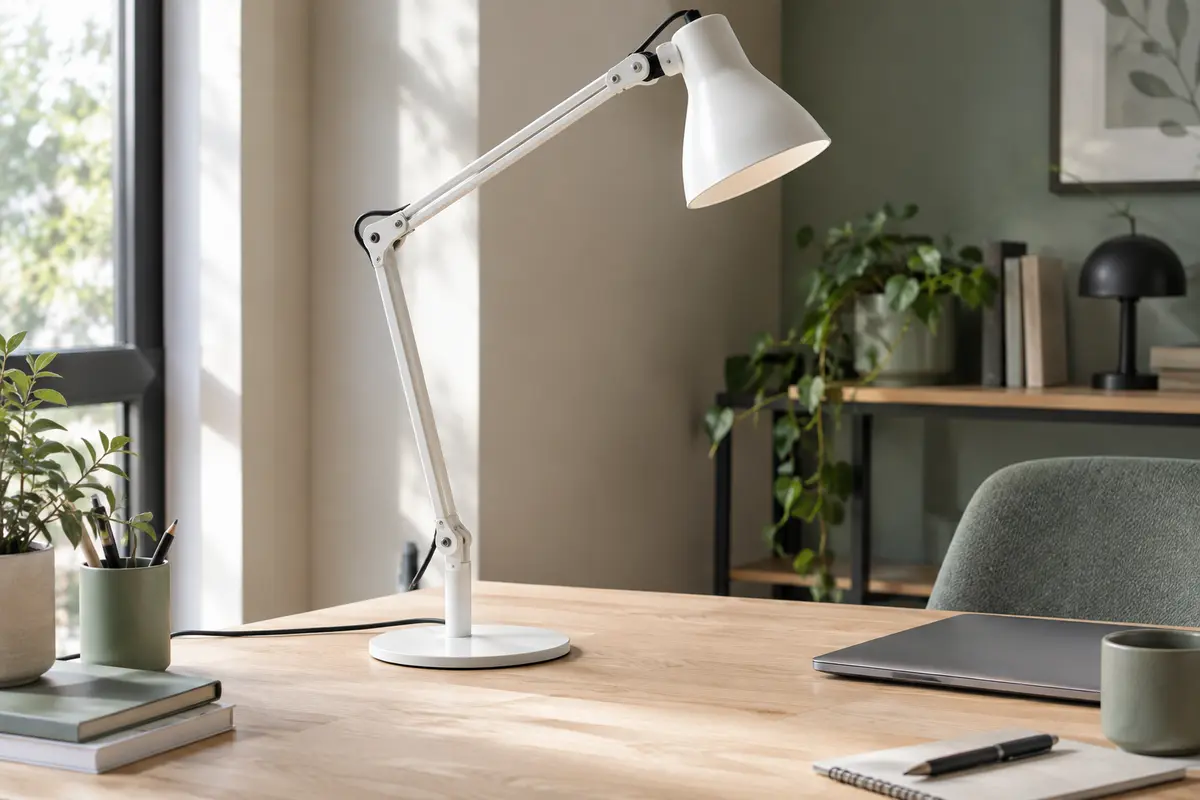Lampe de bureau blanche à bras articulé et base mince posée sur un bureau en bois clair