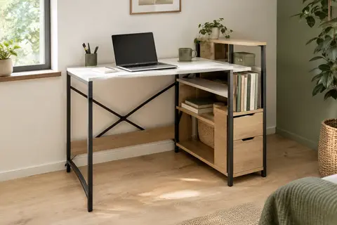 Bureau pliant blanc et naturel avec étagères et tiroirs, installé ouvert dans un espace de télétravail lumineux.