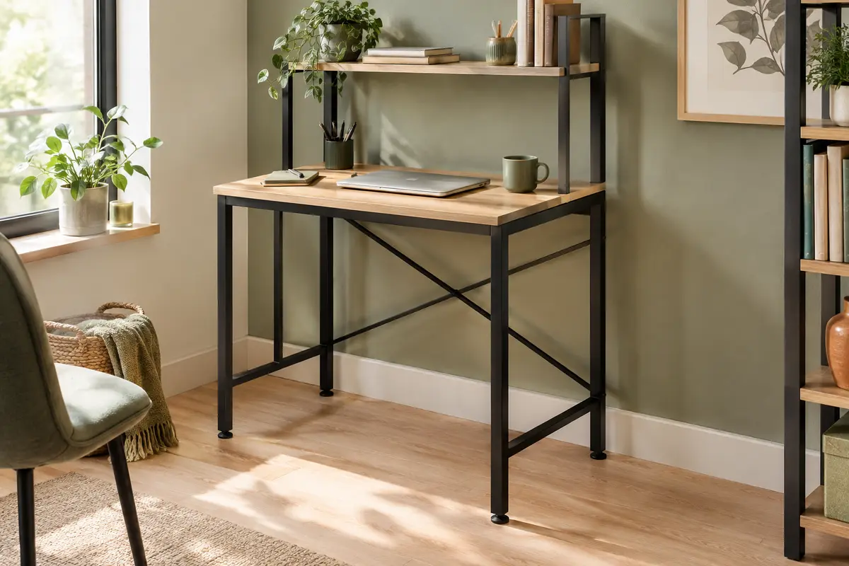 Bureau compact avec plateau effet bois, structure noire et étagère supérieure amovible dans un coin de travail