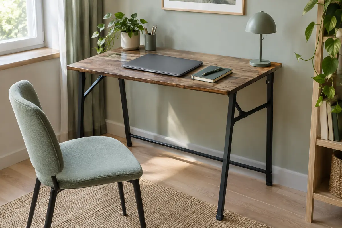 Bureau pliant compact au plateau effet chêne vintage et piètement métallique noir dans un espace de télétravail