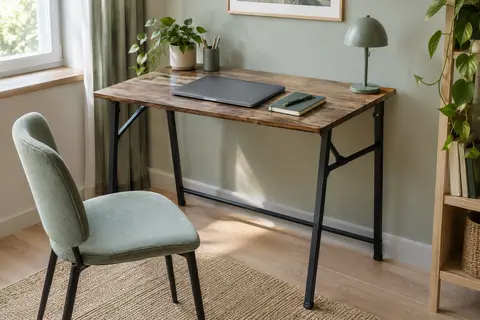 Bureau pliant compact au plateau effet chêne vintage et piètement métallique noir dans un espace de télétravail