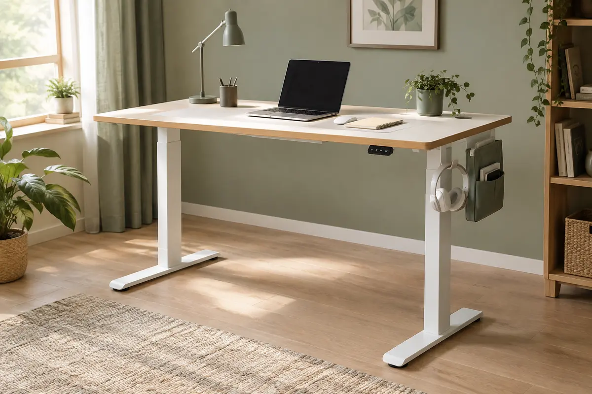 Bureau assis-debout électrique Songmics avec plateau doré chêne et blanc mat dans un espace de télétravail