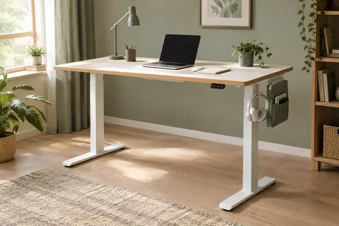 Bureau assis-debout électrique Songmics avec plateau doré chêne et blanc mat dans un espace de télétravail