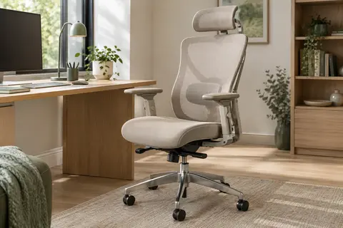 Chaise de bureau beige sable avec dossier en maille, appui-tête et soutien lombaire réglables