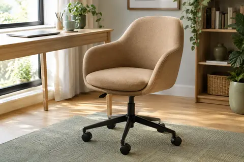 Chaise de bureau pivotante brun camel avec dossier incurvé, accoudoirs et piètement à roulettes