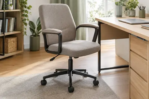 Fauteuil de bureau en toile gris tourterelle avec accoudoirs et roulettes, installé près d’un bureau en bois clair.