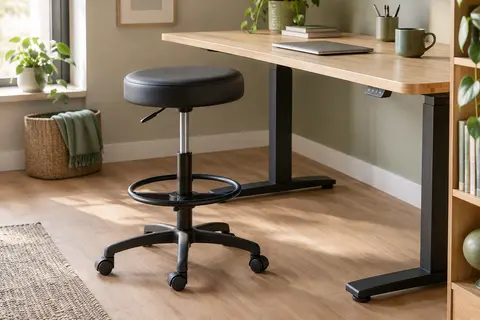 Tabouret de bureau assis-debout noir avec repose-pieds circulaire et base à roulettes, près d’un bureau clair.
