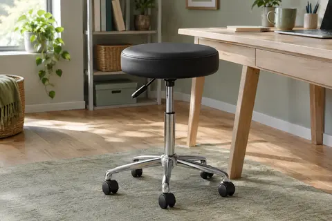 Tabouret de bureau rond noir à roulettes, avec assise en PU et base étoile en métal chromé.