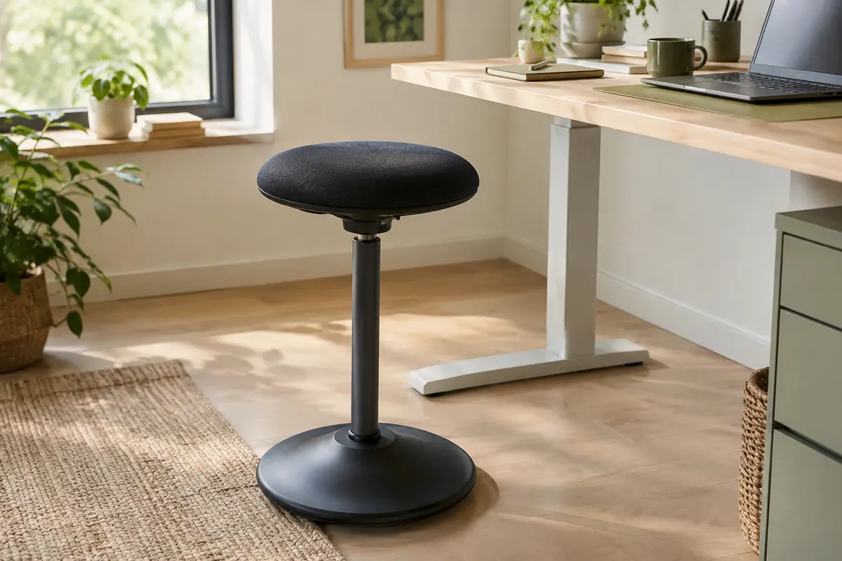 Tabouret dynamique noir à assise ronde près d’un bureau de télétravail en bois clair
