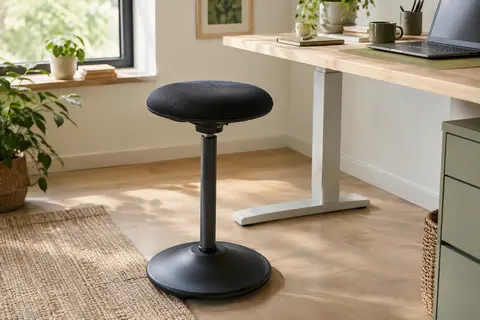 Tabouret dynamique noir à assise ronde près d’un bureau de télétravail en bois clair