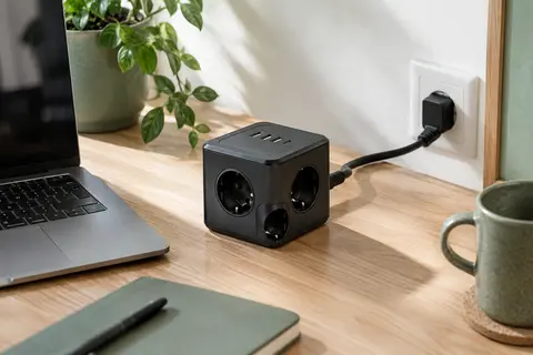 Cube multiprise noir avec prises secteur, ports USB et fiche plate installé près d’un bureau en bois clair.