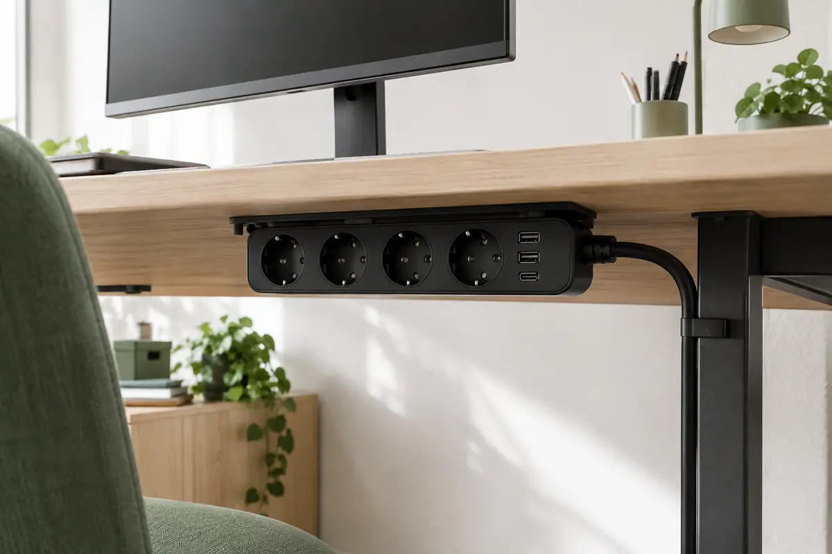 Multiprise noire fixée sous un bureau en bois clair, avec prises secteur, ports USB et câble de 2 m.