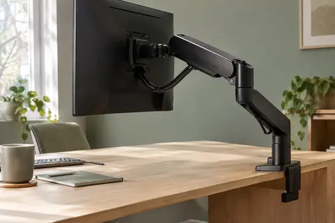Bras d’écran noir à ressort à gaz fixé à un bureau en bois clair, avec un moniteur installé