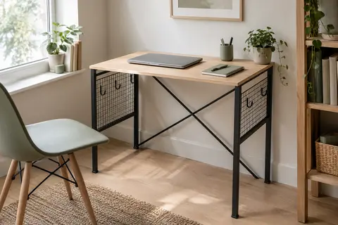 Bureau pliable à plateau effet chêne clair, structure en acier et crochets latéraux dans un espace de télétravail.