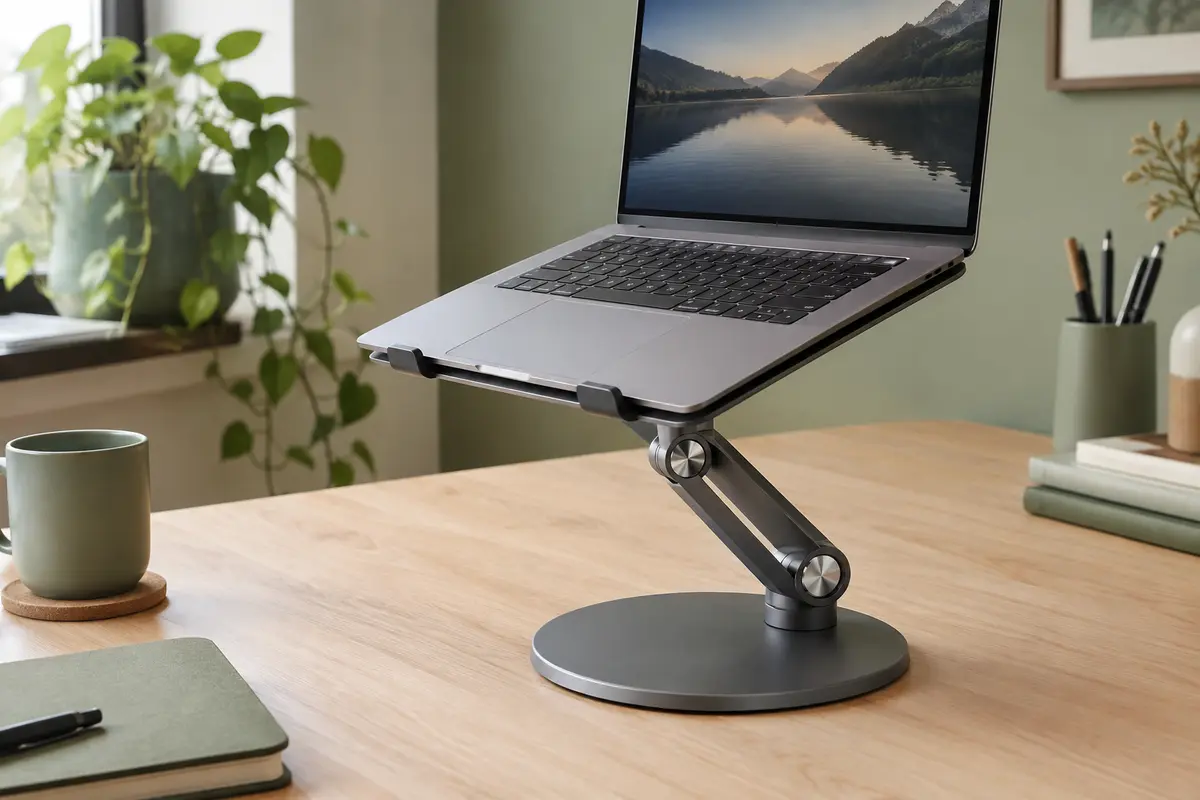 Support Tounee en aluminium gris avec ordinateur portable, installé sur un bureau en bois clair