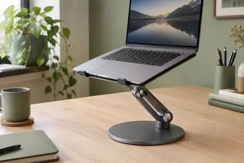 Support Tounee en aluminium gris avec ordinateur portable, installé sur un bureau en bois clair
