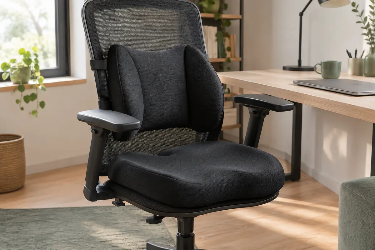 Ensemble noir de coussins d’assise et de soutien lombaire installé sur une chaise de bureau