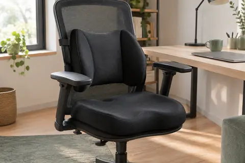 Ensemble noir de coussins d’assise et de soutien lombaire installé sur une chaise de bureau